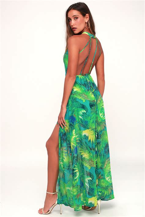 Lovely Green Tropical Print Dress Backless Maxi Dress Lulus