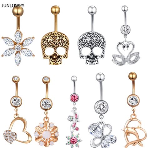 Junlowpy Sexy Dangling Navel Belly Button Rings Belly Piercing Crystal Surgical Steel 14g Woman