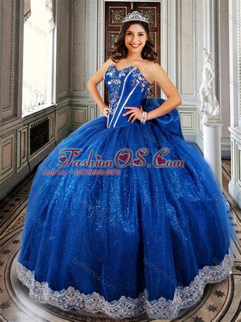 Ball Gown Beaded Royal Blue Sweet 16 Dress With Appliques And Bowknot