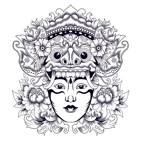 Barong Balinese Mask Tattoo Style In Black And White 7721283 Vector Art