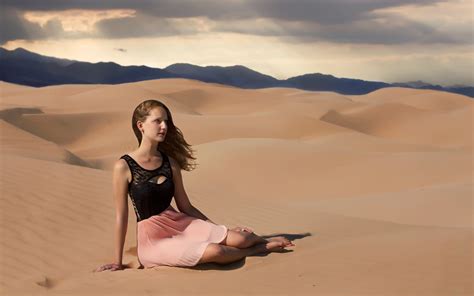 Sitting Women Model Barefoot Desert Sky Dunes Sand Skirt Pink