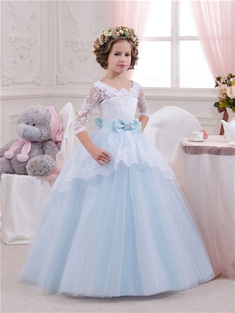 2017 New Cute Girls Ball Gowns Scoop Half Sleeve Lace Long Blue Flower
