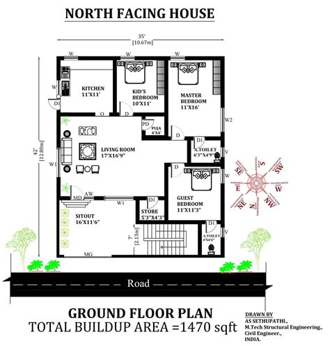 35x42 Marvelous North Facing 3bhk Furniture House Plan As Per Vastu