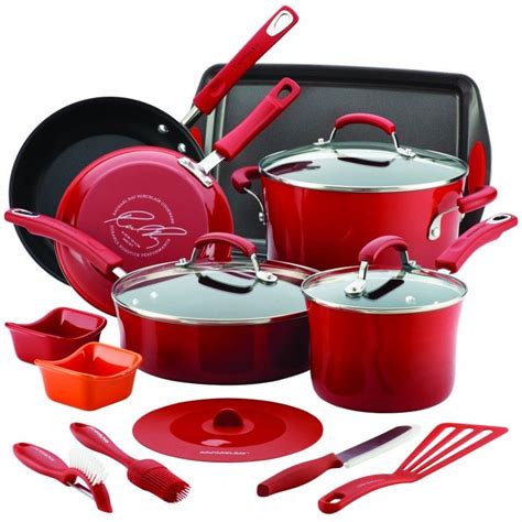 Rachael Ray Hard Enamel Nonstick 16 Piece Cookware Set Gradient Red Cookware Set Nonstick