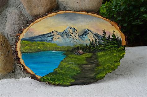 Mountain Hideaway Bob Ross Inspired Oil Painting On Wood Tree Slice