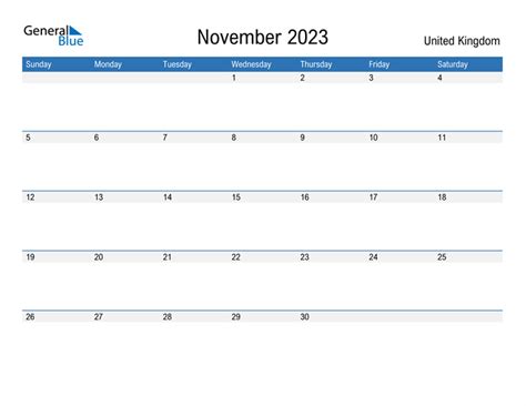 November 2023 Calendar With United Kingdom Holidays