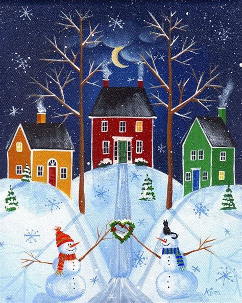 Snow Village Folk Art Print Cottage Art Christmas Art Folk Art Painting