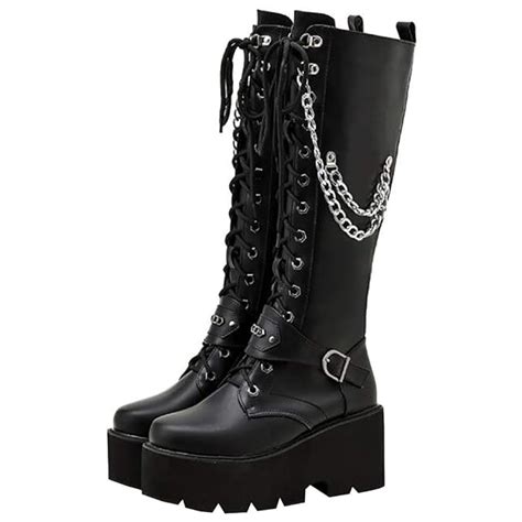 buy parisuit women s knee high goth platform buckle boots chunky high heel lace up punk combat