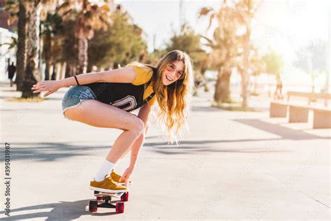 Skater Girl Riding A Long Board Skate Cool Female Urban Sports