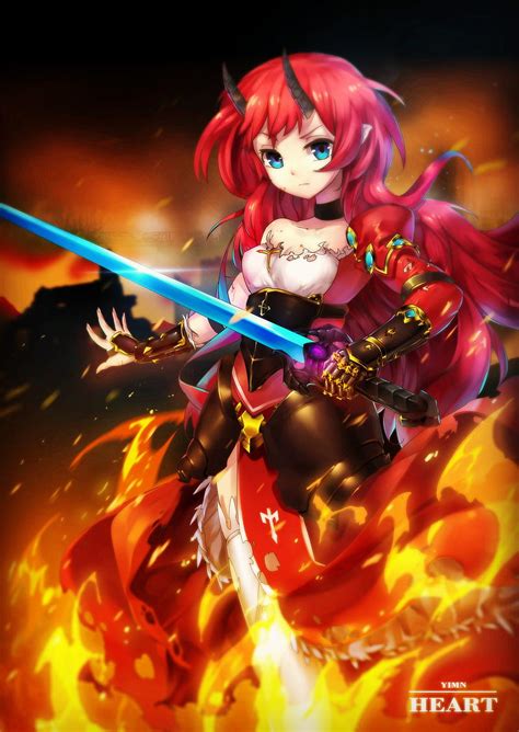 Anime Anime Girls Long Hair Redhead Aqua Eyes Horns Sword Weapon