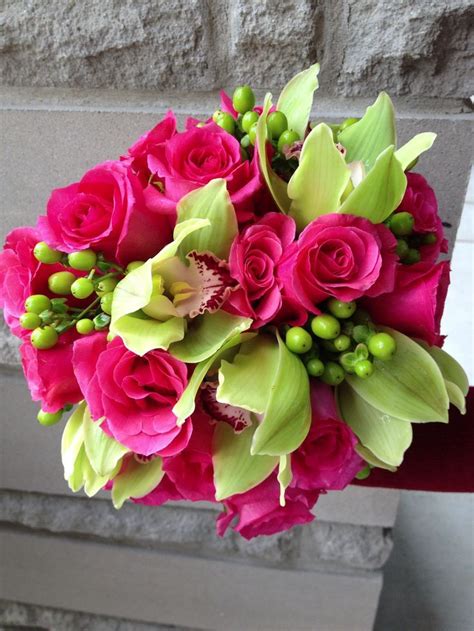 Orchids Roses And Lime Green Hypericum Berries For Wedding Bouquet