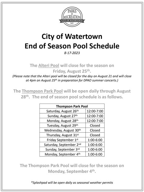 Newzjunky - City of Watertown End of Season Pool Schedule 2023