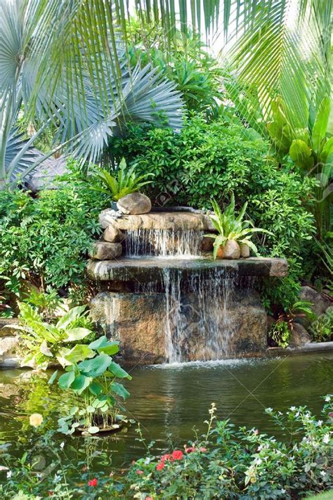 Small Waterfall In Tropical Garden Tropical Garden Tropical
