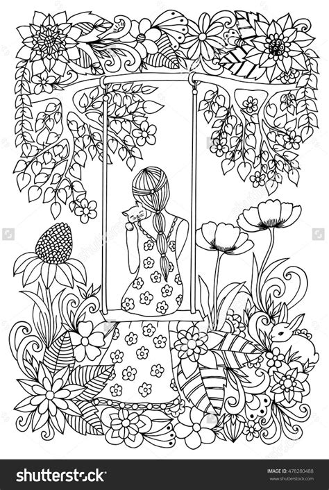Zentangle Girl With Kitten On Swing Coloring Page Книжка раскраска