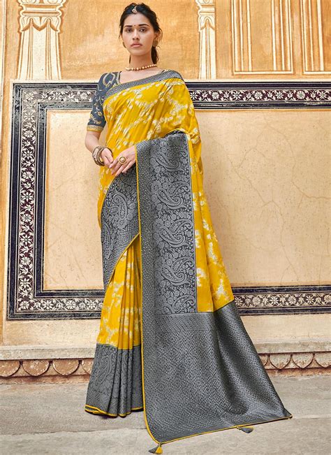 Yellow And Grey Silk Embroidered Saree Sarees Designer Collection