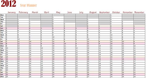 2012 One Page Planner Excel Template Yearly My Excel Templates