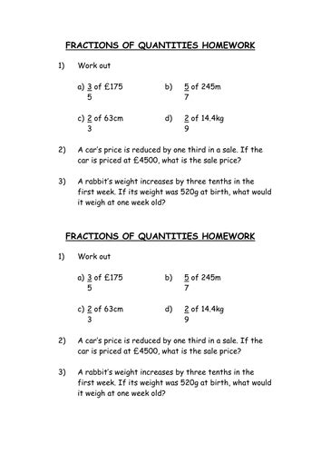 Basic Fractions Of Quantities Homework Teaching Resources