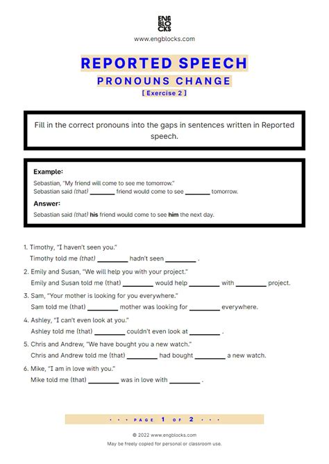 Pronouns In Reported Speech Exercise Worksheet English Grammar Sexiezpix Web Porn