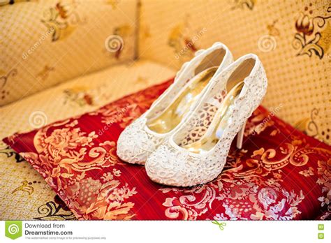 Wedding Shoes Cream Color On The Chair Stock Photo Image Of Dress