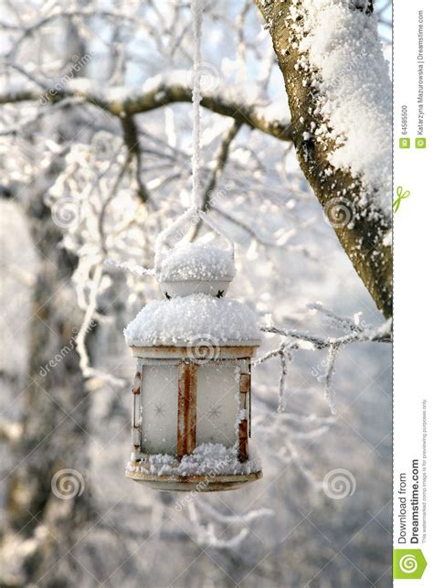 Christmas Decoration With Lantern Snow And Fir Tree Branch Stock