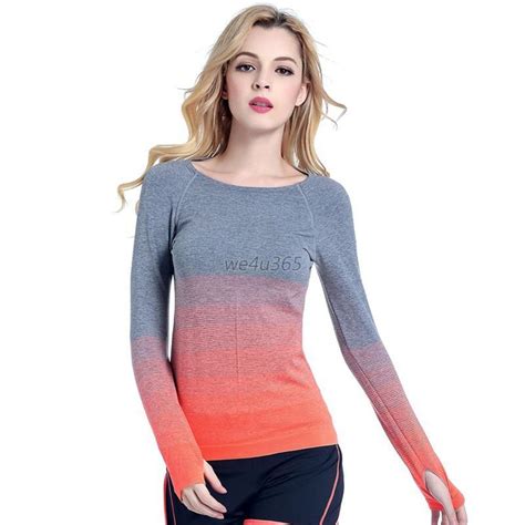 Women Sports Fitness Long Sleeve Blouse Tops Gym Yoga Stretch Workout T Shirt Ebay