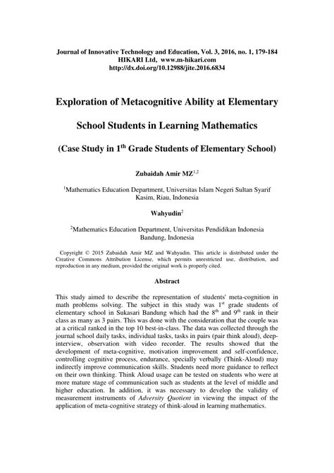 Pdf Exploration Of Metacognitive Ability At Elementary School