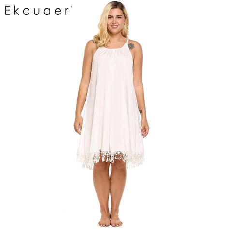 Ekouaer 2017 Brand Spaghetti Strap Nightwear Casual Lace Trim Loose Fit Nightgown Plus Size