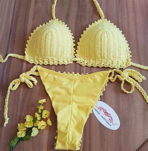 Biquini Crochê Amarelo Empina Bumbum Doce Vertigem Moda Praia