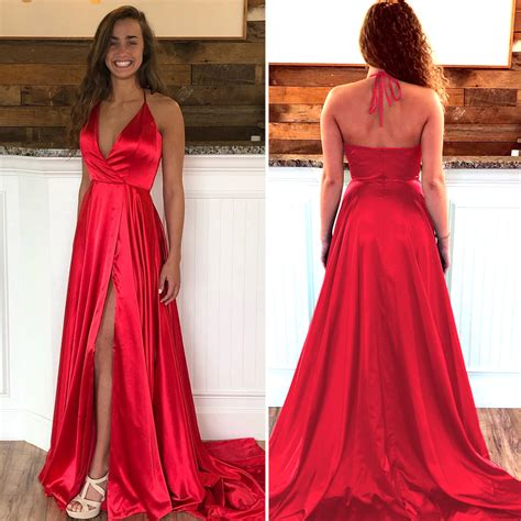 2019 Simple V Neck Evening Dress For Senior Prom Red Formal Gown Side Slit · Beloves · Online