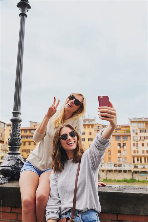 Beautiful Girl Friends Travel Taking Selfies Peace Sign Camera P By