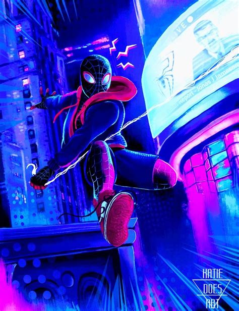 Spider Man Into The Spider Verse Movie Poster With Neon Lights In