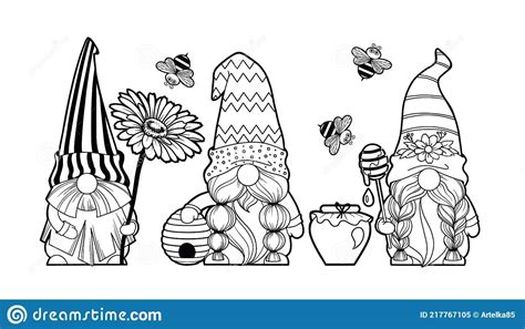 Set Gnomes With Honey Illustration About Gnomes Greeting Fantasy