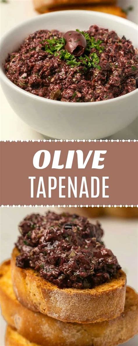 the recipe for olive tapenade is in a bowl and on top of bread