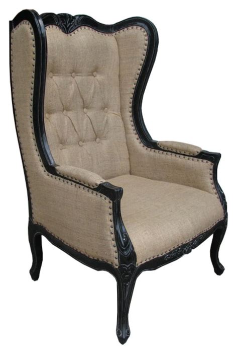 I am so excited to be writing this post today! Burlap upholstered wingback chair- different fabrics for ...