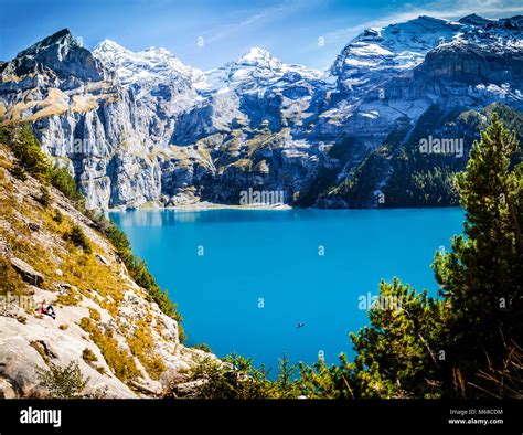 Scenic View Of Famous Mountain Lake Oeschinensee In Switzerland