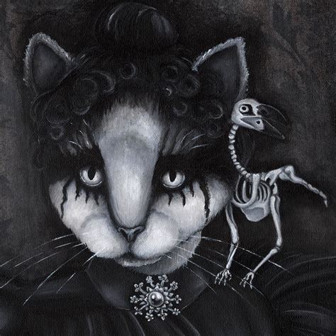 Gothic Cat Art Creepy Cat And Dead Raven Skeleton Black And Etsy