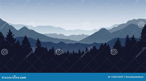 Blue Foggy Mountain And Forest Nature Landscape Stock Vector