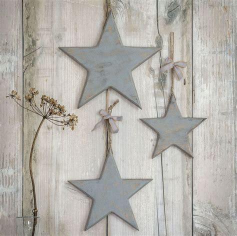 Vintage Wooden Stars In Grey Set Of 3 Solid Hanging Stars From
