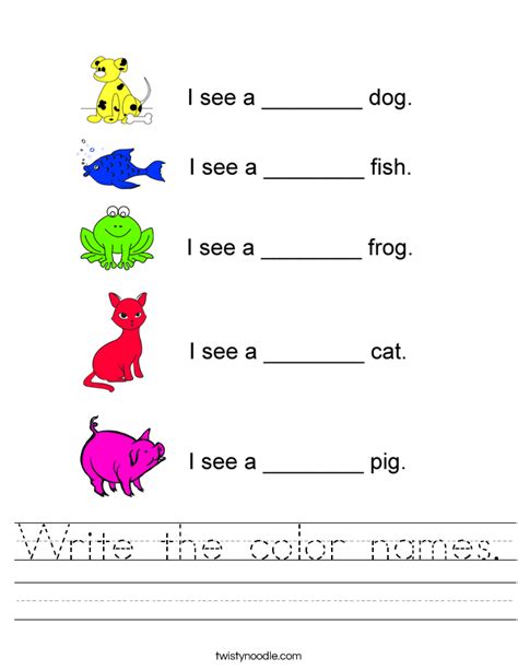 Name template worksheet for kindergarten & preschool | etsy. Write the color names Worksheet - Twisty Noodle