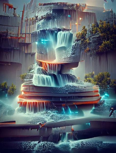 Futuristic Science Fiction Waterfalls By Vincent Di Fate And Beeple 3d