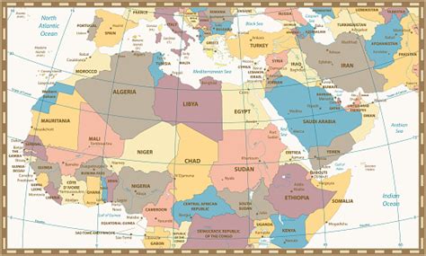 Retro Color Map Of Northern Africa And The Middle East Stock