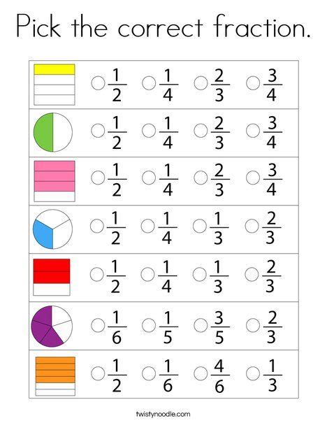 Pick The Correct Fraction Coloring Page Twisty Noodle Fractions