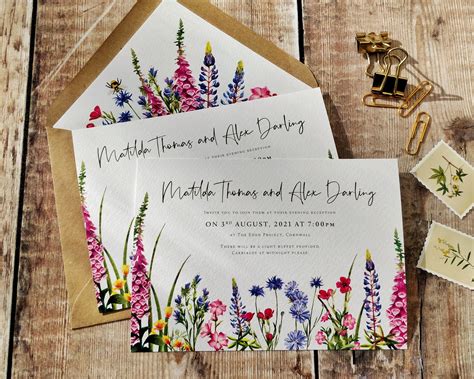 Wildflower Wedding Invitation Pink Foxgloves And Blue Lupin Etsy