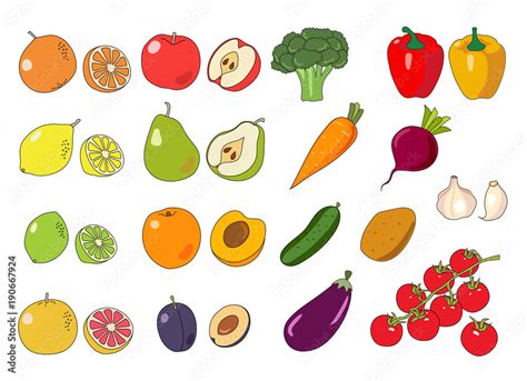 Fruits And Vegetables Collection Cute Colorful Vector Illustration