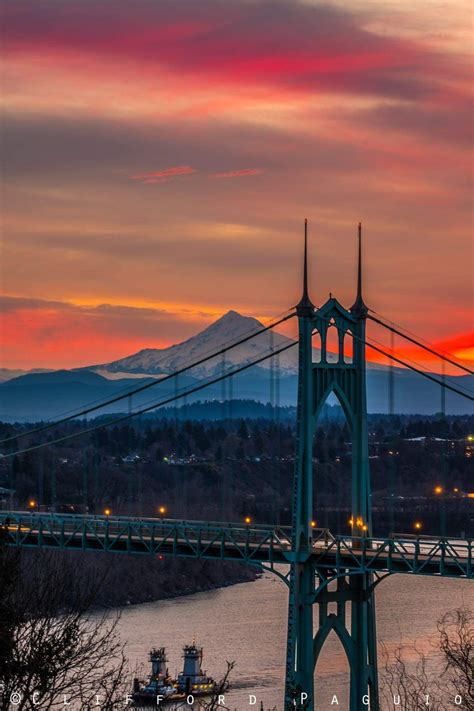 Sunset On St Johns Bridge Portland Oregon Mt Hood In The Background