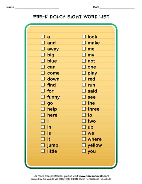 Dolch Sight Words Lists For Pre K Kindergarten 1st 2nd And 3rd Grade