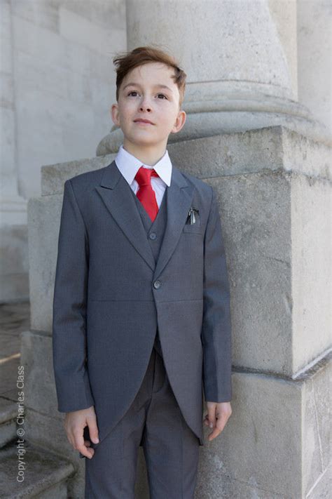 Boys Grey Tail Coat Wedding Suit With Red Satin Tie Charles Class