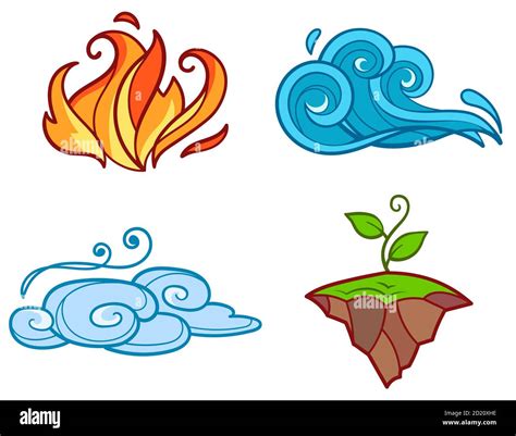 Vier Elemente Im Cartoon Stil Feuer Wasser Luft Und Erde Stock