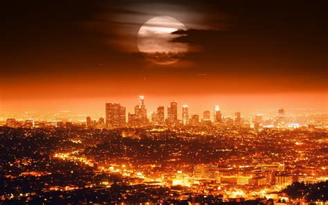 Usa City Lights Night Los Angeles Skyline Full Moon Moon