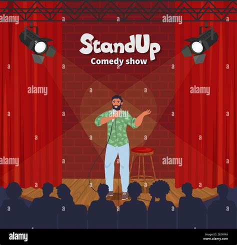 Stand Up Comedy Show Male Comic Telling Funny Stories Jokes In Front Of Live Audience Flat